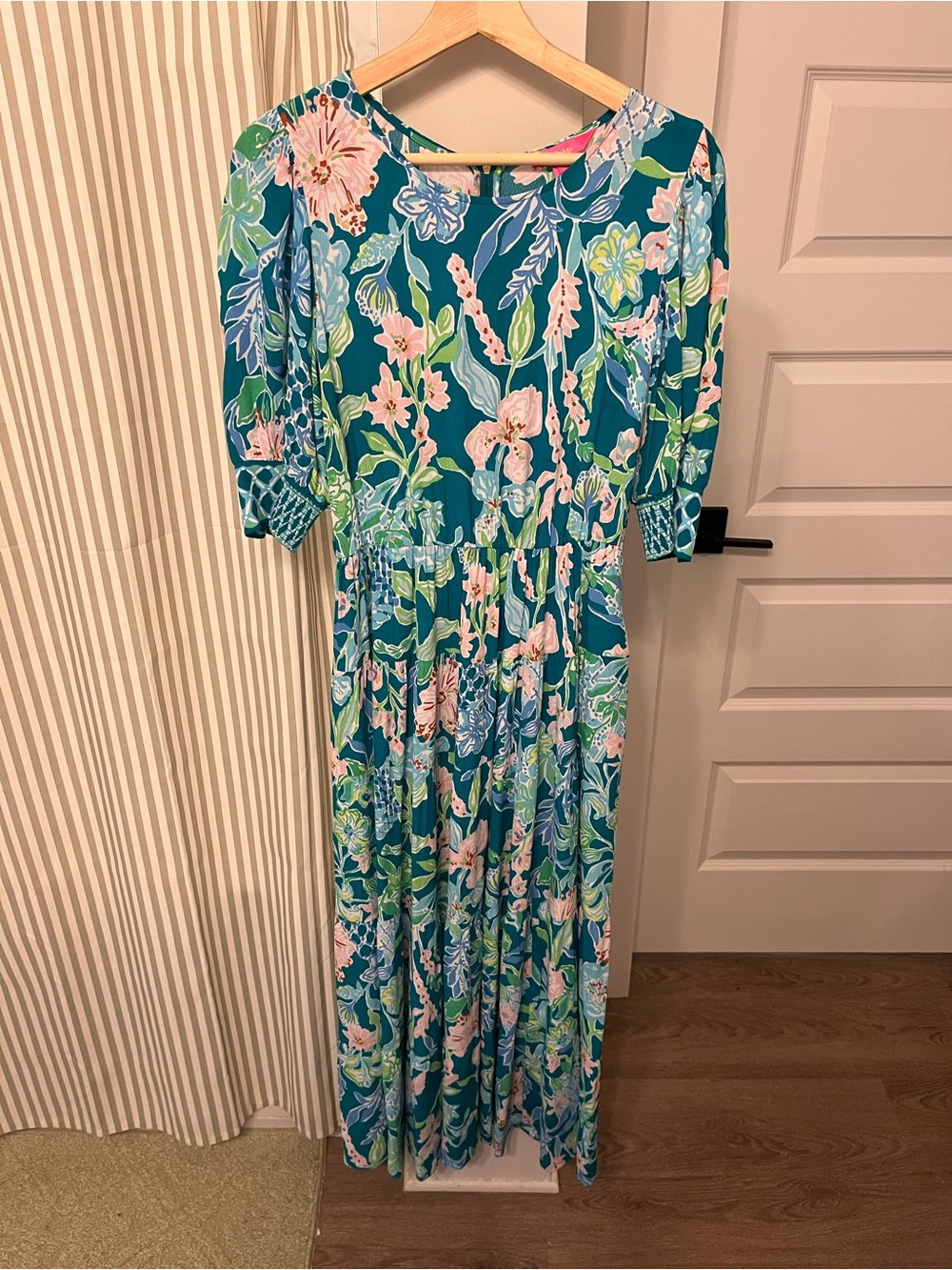 Lilly Pulitzer Amelia Teal Floral Maxi Dress with Pink & Green Accents